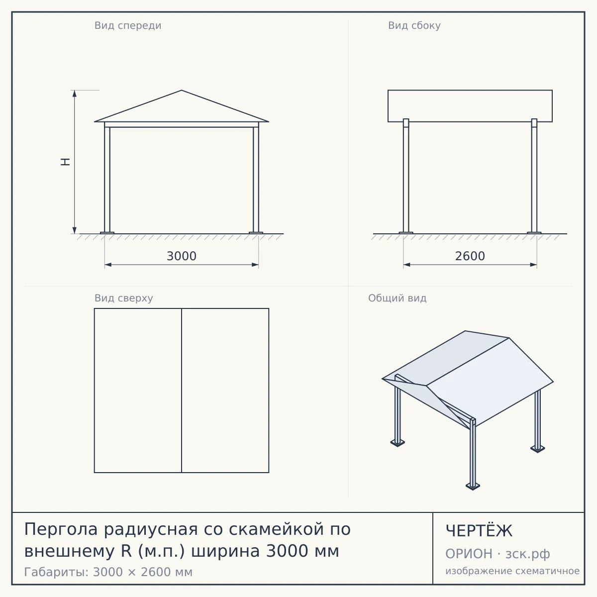 Пергола радиусная со скамейкой по внешнему R (м.п.) ширина 3000 мм — чертёж
